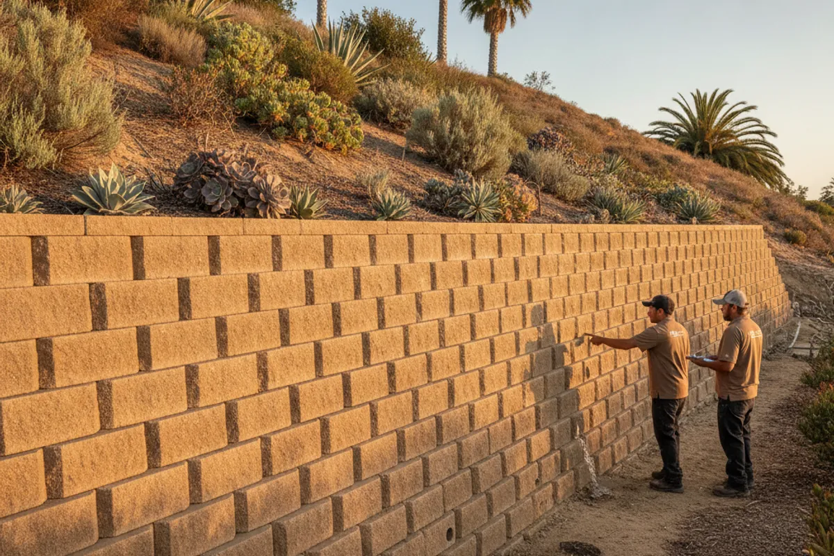 Crew building a concrete block retaining wall on a slope.