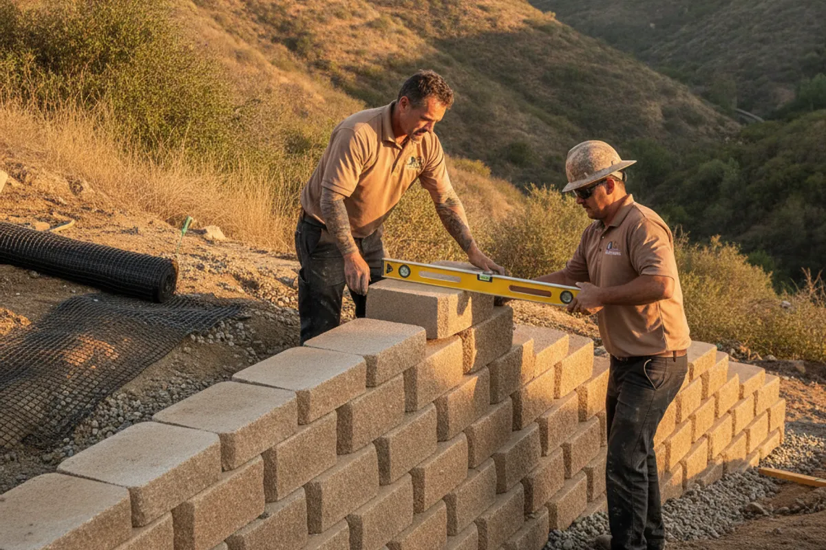 Muro de contención de piedra natural en una pendiente con terrazas.