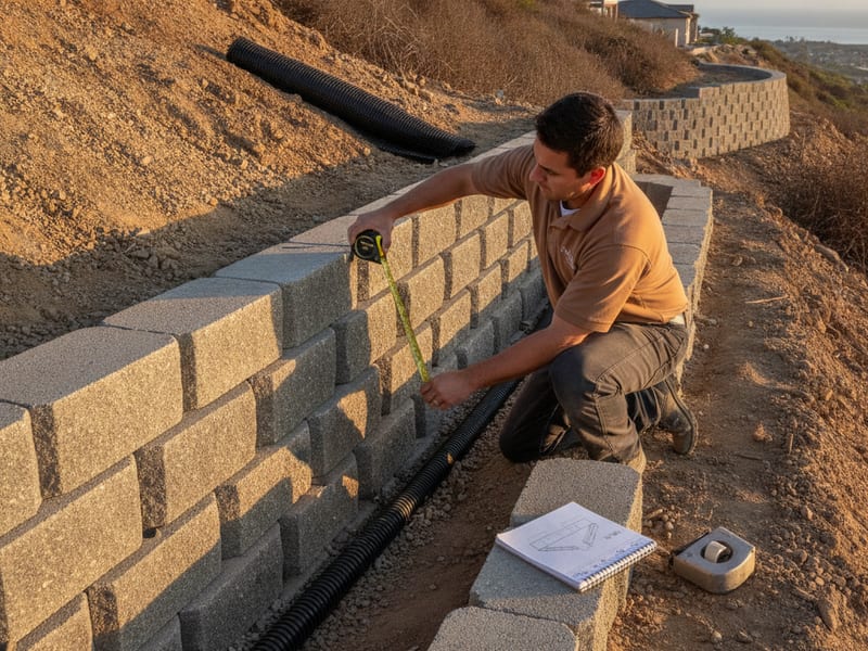 A person with a measuring tape near a retaining wall