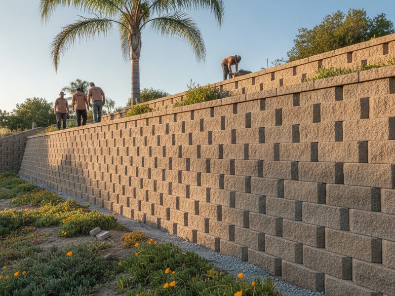 Muro de contención de bloques en un jardín