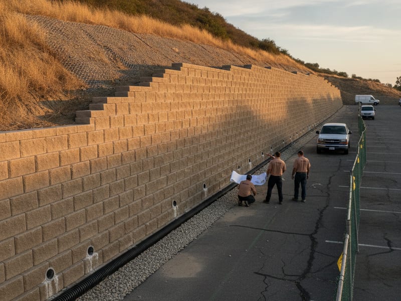 Muro de contención junto a un área pavimentada