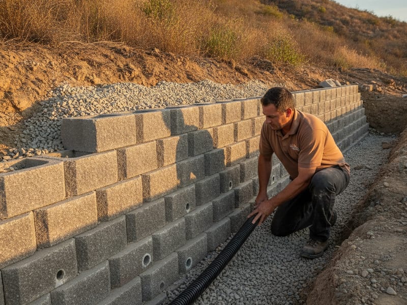 Salida de drenaje junto a un muro de contención