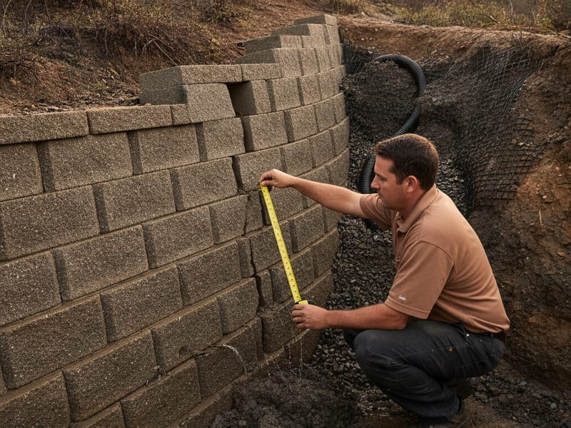 A retaining wall professional examining a leaning block wall