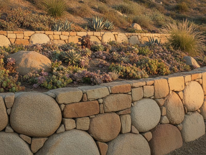 Muro de piedra natural junto a un jardín con terrazas