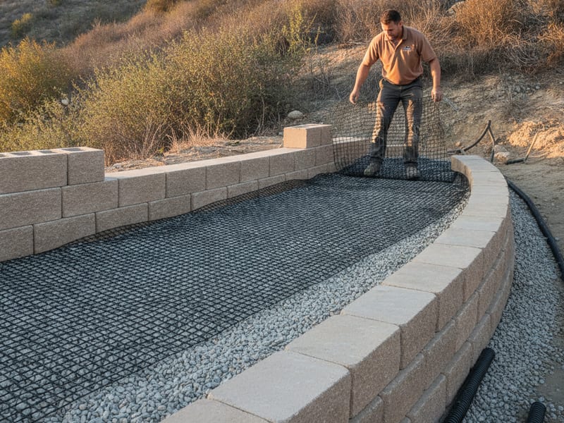 Segmental concrete retaining wall near a residential pool