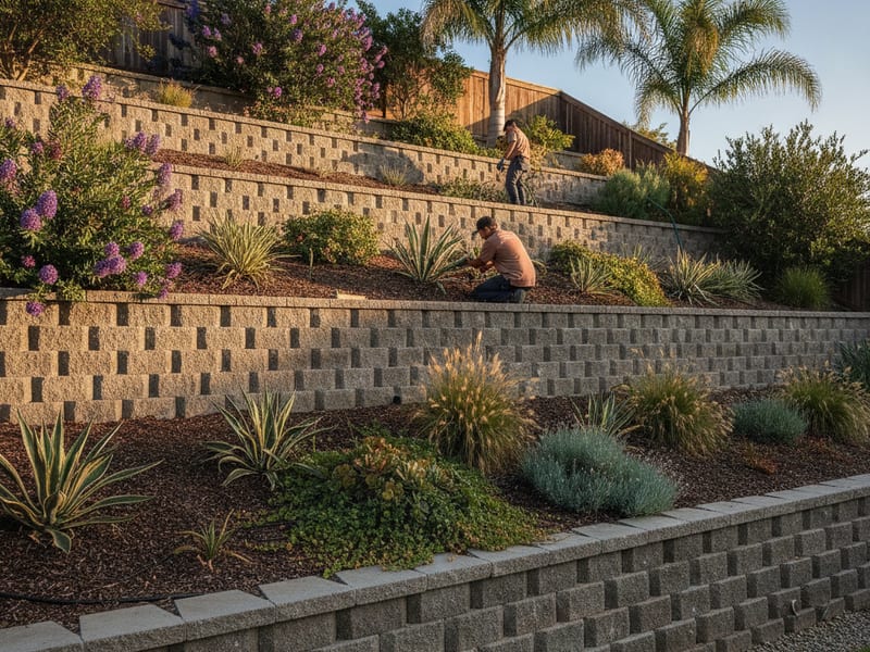 Retaining wall terraces on a sloped garden