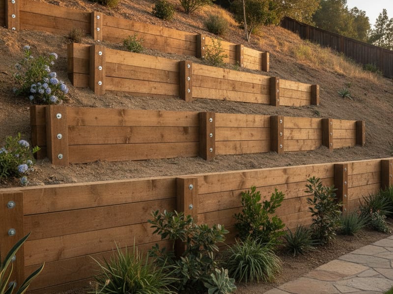 Muro de contención de madera junto a un jardín inclinado
