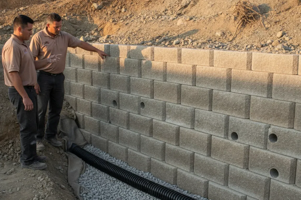 Two people beside a block retaining wall and drainage pipe